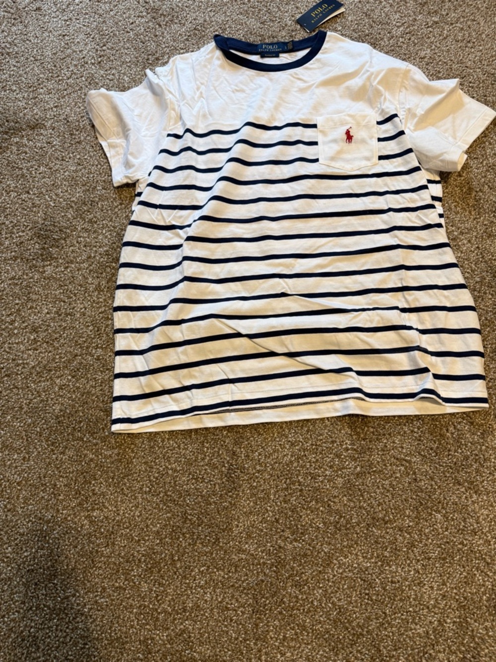 Polo by Ralph Lauren White & Navy Striped Short Sleeve Tee with Red Pony